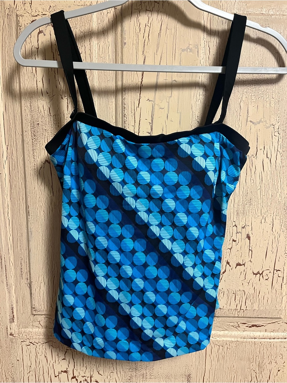 Blue Geometric Tankini Top with Black Straps